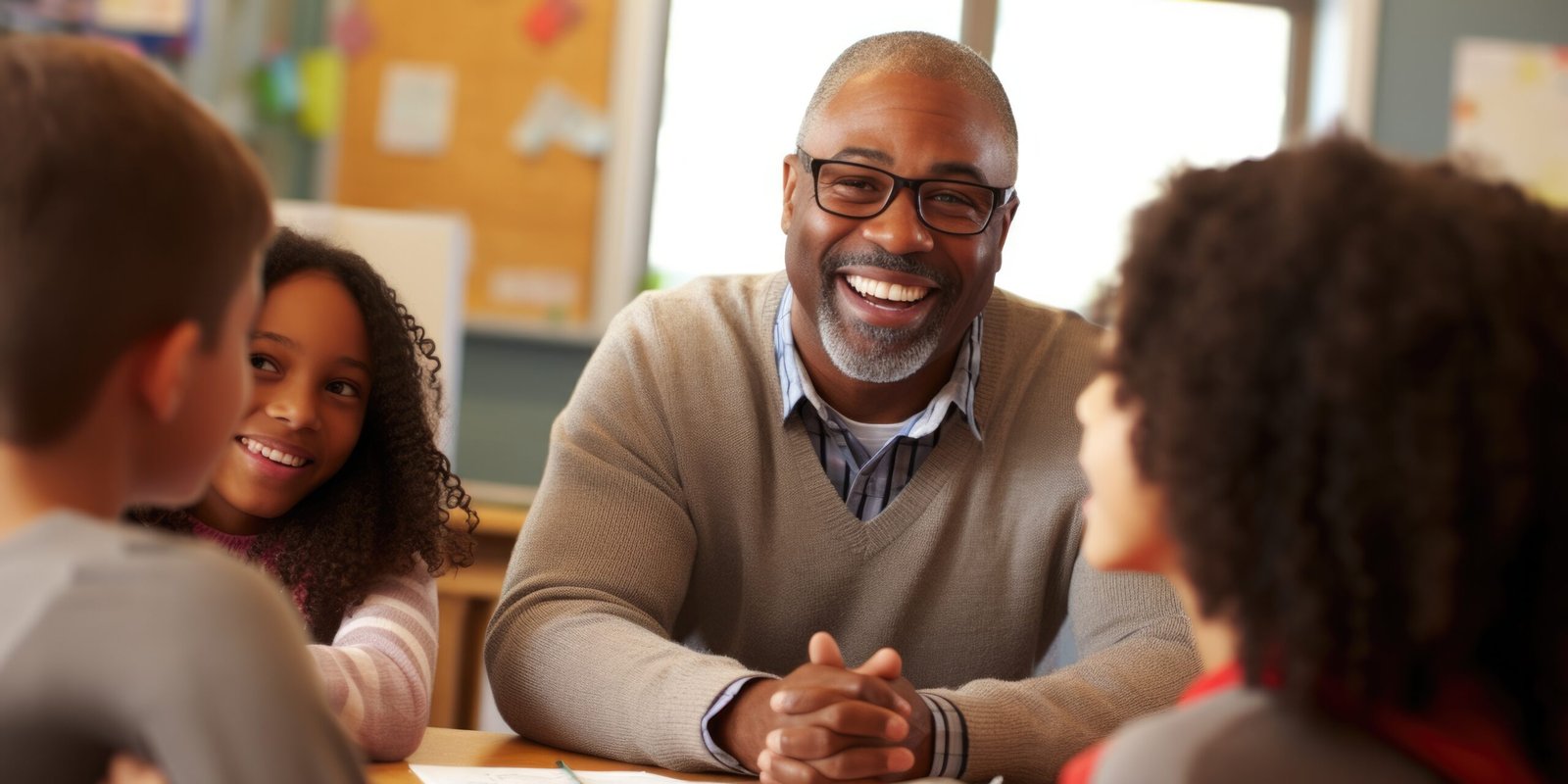 smiling African American man wearing glasses teaching in classroom. AI Generated